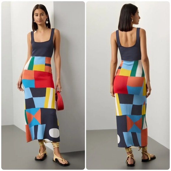 New! Staud Multicolor Knit Patchwork Color block Midi Dress 💙 XL - Picture 1 of 16
